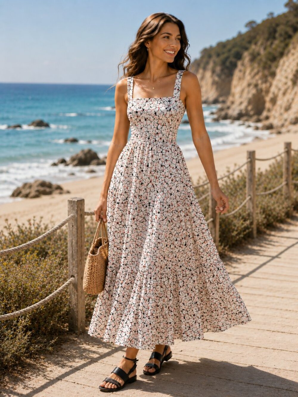Zara Blogger's Favorite White Floral Printed Bow Tie Back Midi Dress Sz XS